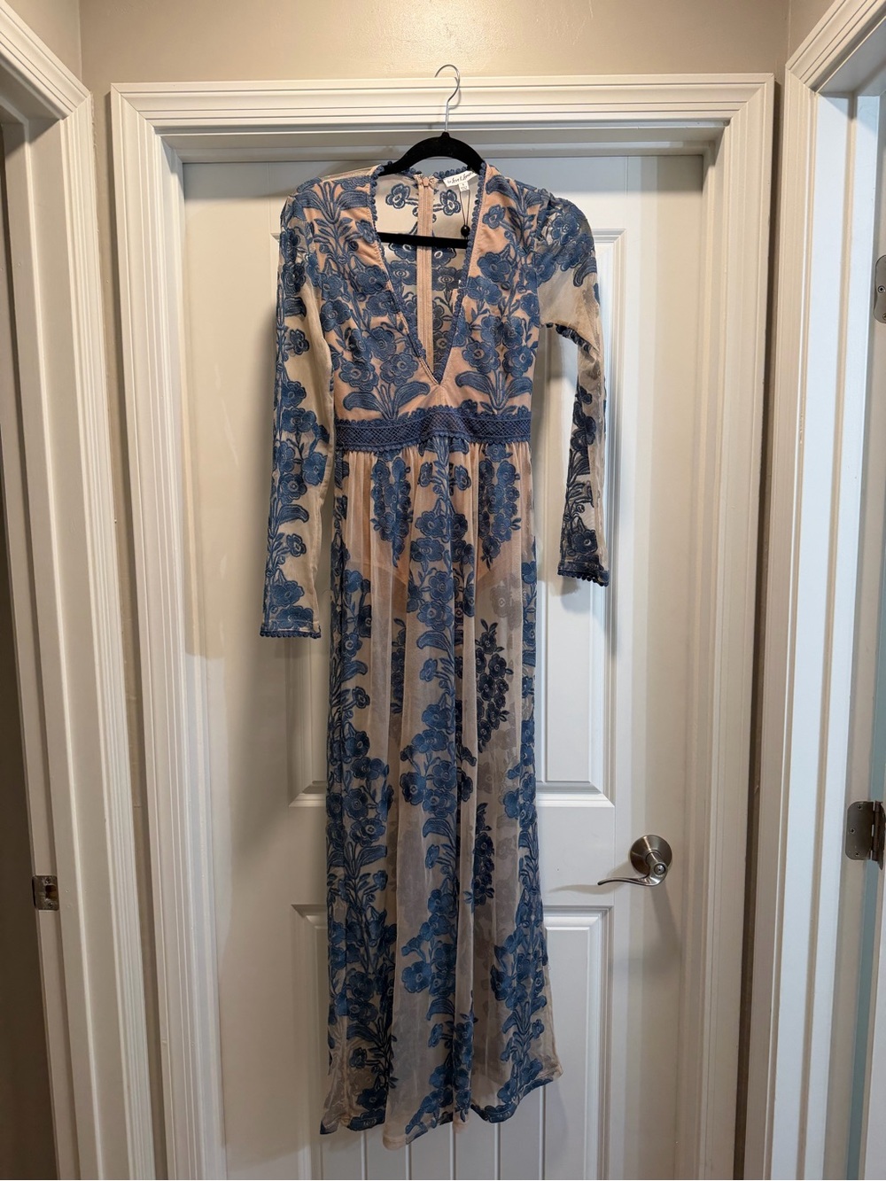 For Love & Lemons Nude Maxi Dress with Blue Floral Embroidery